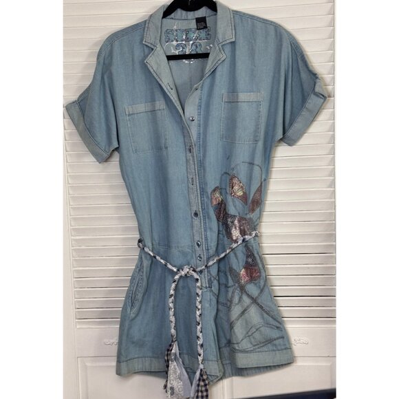 Denim Romper Butterfly‎ Embroider 28 M Light Wash Chambray Shorts Jumpsuit Rodeo - Picture 1 of 12